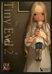 Rule 34 | 1girl, artist name, blonde hair, blue eyes, blue pants, boots, closed mouth, doll, doll joints, door, dress, forehead, half-closed eyes, highres, holding, holding doll, joints, long hair, long sleeves, looking at viewer, muk (monsieur), nina (tiny evil), no bangs, original, pants, smile, solo, standing, tiny evil, white dress