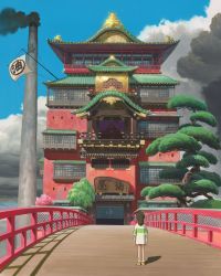 Rule 34 | 00s, 1girl, architecture, artist request, bathhouse, bridge, building, casual, child, cloud, day, east asian architecture, from behind, highres, official art, ogino chihiro, ponytail, scenery, sen to chihiro no kamikakushi, sky, smoke, solo, standing, studio ghibli, traditional media, translation request, tree
