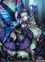 Rule 34 | black flower, blue hair, butterfly wings, copyright name, couch, dress, fairy, flower, force of will, green eyes, hair flower, hair ornament, holding, holding staff, insect wings, long hair, looking at viewer, matsurika youko, official art, outdoors, pantyhose, purple dress, solo, staff, striped clothes, striped legwear, striped pantyhose, tiara, twintails, vertical-striped clothes, vertical-striped legwear, vertical-striped pantyhose, watermark, wide sleeves, wings