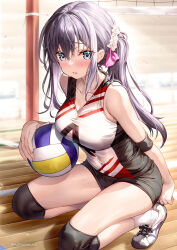 Rule 34 | 1girl, armband, ball, bare shoulders, black hair, black shorts, blue eyes, breasts, covered navel, female focus, from side, fujima takuya, full body, hair ornament, hair scrunchie, holding, holding ball, knee pads, long hair, looking at viewer, medium breasts, one side up, original, scrunchie, shirt, shoes, short shorts, shorts, sidelocks, sleeveless, sleeveless shirt, sneakers, socks, solo, sportswear, squatting, sweat, thighs, two-tone shirt, volleyball, volleyball (object), volleyball uniform, white shirt, white socks, wooden floor