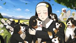 Rule 34 | 5girls, @ @, ^ ^, animal, animal hug, animal on arm, animal on shoulder, beret, bernese mountain dog, bird, bird on shoulder, black footwear, blonde hair, brown eyes, brown hair, chicken, closed eyes, clumsy nun (diva), commentary, diva (hyxpk), dizzy, dog, duck, english commentary, feet up, field, froggy nun (diva), grass, habit, hat, highres, in tree, leaf, little nuns (diva), loafers, lying, lying on person, motion blur, mountainous horizon, multiple dogs, multiple girls, nun, on back, outdoors, paw print, pigeon, puppy, road, shoes, sky, spicy nun (diva), star (symbol), star nun (diva), star ornament, strict nun (diva), tail, tail wagging, tongue, tongue out, too many, too many dogs, traditional nun, tree