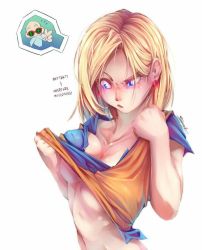 Rule 34 | android 18, blonde hair, blue eyes, blush, breasts, clothes lift, dragon ball, shirt lift, simple background, tagme
