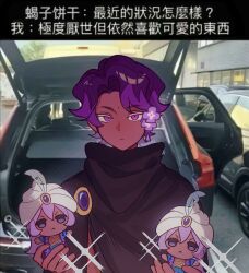 Rule 34 | 1boy, ashao35846, bindi, bishounen, black robe, character doll, check translation, chinese text, closed mouth, colored tips, cookie run, curtained hair, dark-skinned male, dark skin, dual wielding, facial mark, flipped hair, flower, forehead mark, hair flower, hair ornament, half-closed eyes, high collar, highres, holding, holding stuffed toy, image background, lilac cookie, male focus, meme, multicolored hair, objectification, purple eyes, purple flower, purple hair, robe, serious, short hair, side part, sparkling aura, straight-on, stuffed toy, translated, translation request, two-tone hair, upper body, willem dafoe holding oranges (meme), yogurt cream cookie