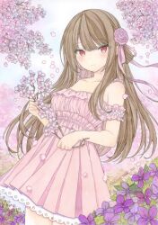 Rule 34 | 1girl, bare shoulders, blush, bouquet, branch, breasts, brown hair, cherry blossoms, cherry tree, closed mouth, collarbone, day, detached sleeves, dress, falling petals, field, flower, flower field, frilled dress, frills, hair between eyes, hair flower, hair ornament, highres, holding, holding bouquet, holding flower, leaf, long hair, looking at viewer, medium breasts, nature, off-shoulder dress, off shoulder, original, outdoors, painting (medium), petals, pink dress, pink flower, pink rose, pink theme, purple flower, red eyes, ribbon, rose, sidelocks, smile, solo, spring (season), strapless, strapless dress, sweet miuk tea, traditional media, tree, watercolor (medium)