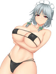 Rule 34 | 1girl, alternate breast size, bare shoulders, bikini, black bikini, braid, breast hold, breasts, cameltoe, cleavage, closed mouth, collarbone, commentary, covered erect nipples, cowboy shot, crossed arms, dutch angle, expressionless, eyepatch bikini, izayoi sakuya, large breasts, looking at viewer, maid headdress, medium hair, midriff, mokkori9, multi-strapped bikini, navel, red eyes, side braids, sideboob, silver hair, simple background, skindentation, solo, swimsuit, thighs, touhou, twin braids, underboob, white background