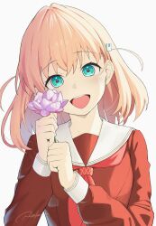 Rule 34 | 1girl, :d, absurdres, aqua eyes, brown dress, commentary request, crossed bangs, dress, flower, from side, hair ornament, hasu no sora school uniform, head tilt, highres, hinoshita kaho, holding, holding flower, link! like! love live!, long sleeves, looking at viewer, lotus, love live!, masami atabe, medium hair, neckerchief, open mouth, orange hair, pink flower, rabbit hair ornament, red neckerchief, sailor collar, sailor dress, school uniform, signature, smile, solo, teeth, two side up, upper body, upper teeth only, virtual youtuber, white background, white sailor collar, winter uniform