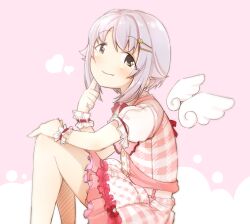 Rule 34 | 1girl, blush, brown eyes, closed mouth, detached wings, dress, fang, feet out of frame, flower, frilled dress, frills, grey hair, hair flaps, hair flower, hair intakes, hair ornament, hairclip, heart, highres, idolmaster, idolmaster cinderella girls, knees up, koshimizu sachiko, looking at viewer, looking to the side, mini wings, pink background, pink dress, plaid, plaid dress, pleated dress, puffy short sleeves, puffy sleeves, shirt, short sleeves, sleeveless, sleeveless dress, smile, solo, two-tone background, white background, white shirt, white wings, wings, wrist cuffs, yellow flower, yukie (kusaka shi)