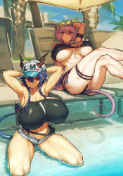 Rule 34 | 2girls, alternate breast size, animal ears, arknights, armpits, arms behind back, beach, blue hair, breasts, ch&#039;en (arknights), hat, highres, horns, large breasts, leg up, lin (arknights), looking at viewer, melon22, mouse ears, mouse tail, multiple girls, official alternate costume, pink eyes, pink hair, shorts, sitting, sunglasses, swimsuit, tail, thighs, toned, water