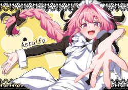 Rule 34 | 1boy, apron, astolfo (fate), black bow, blush, bow, character name, commentary request, crossdressing, fang, fate/grand order, fate (series), half-closed eyes, heart, long hair, long sleeves, looking at viewer, maid, maid apron, maid headdress, male focus, official alternate costume, open mouth, outstretched arms, pink hair, puffy long sleeves, puffy sleeves, purple eyes, reaching, reaching towards viewer, smile, solo, spread arms, takatun223, trap, very long hair