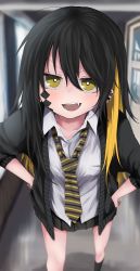 Rule 34 | 1girl, :d, absurdres, ahoge, black hair, black jacket, black skirt, black socks, blonde hair, blouse, blurry, blurry background, blush, breasts, brown eyes, collarbone, collared shirt, commentary request, depth of field, diagonal-striped clothes, diagonal-striped necktie, diagonal-striped neckwear, dress shirt, ear piercing, facial mark, facial tattoo, fang, hair between eyes, hands on own hips, highres, indoors, jacket, kamatama, long hair, looking at viewer, multicolored hair, necktie, nishiga hachi, open clothes, open jacket, open mouth, original, piercing, pleated skirt, shirt, skirt, small breasts, smile, socks, solo, standing, striped clothes, striped necktie, striped neckwear, tattoo, two-tone hair, v-shaped eyebrows, very long hair, white shirt
