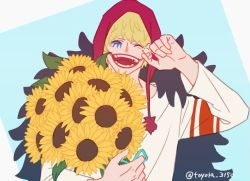 Rule 34 | 1boy, alternate costume, blonde hair, bouquet, casual, commentary request, donquixote rocinante, flat color, flower, holding, holding bouquet, hood, makeup, male focus, one piece, short hair, smile, solo, sunflower, toyoura (23066494), upper body