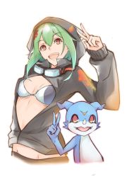 Rule 34 | 1boy, 1girl, artist request, breasts, digimon, green hair, highres, hood, hoodie, jacket, looking at viewer, medium breasts, navel, open clothes, open jacket, open mouth, red eyes, sharp teeth, shinomiya rina, smile, standing, teeth, v, v-mon, wide hips