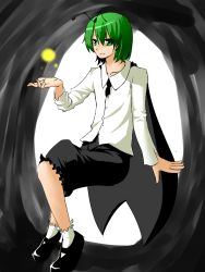 Rule 34 | 1girl, antennae, arm support, bug, cape, cloak, dress shirt, female focus, firefly, green eyes, green hair, bug, invisible object, light, mary janes, matching hair/eyes, osatou, pants, shirt, shoes, short hair, solo, touhou, wriggle nightbug