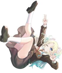 Rule 34 | 1girl, ;d, ankle socks, aqua hair, blonde hair, blue eyes, brown dress, brown footwear, commentary request, double v, dress, floating, flower, full body, gradient hair, grin, hair flower, hair ornament, hasu no sora school uniform, highres, legs up, link! like! love live!, loafers, long hair, long sleeves, looking at viewer, love live!, medium dress, multicolored hair, neckerchief, one eye closed, open mouth, osawa rurino, parted bangs, pink flower, pleated dress, red neckerchief, sailor collar, sailor dress, school uniform, shoes, simple background, smile, socks, solo, twintails, v, virtual youtuber, white background, white flower, white sailor collar, white socks, winter uniform, zaofeng