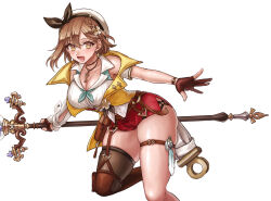 Rule 34 | 1girl, atelier (series), atelier ryza, atelier ryza 2, blush, braid, breasts, brown eyes, brown hair, cleavage, gloves, hair ornament, hairclip, hat, hazuki (nyorosuke), jewelry, large breasts, looking at viewer, necklace, open mouth, red shorts, reisalin stout, short hair, short shorts, shorts, smile, solo, thighhighs, thighs, white hat