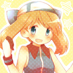 Rule 34 | 1girl, armpits, artist request, bandana, bare shoulders, blue bandana, blue eyes, blue shirt, blush, brown hair, child, clenched hand, collared shirt, creatures (company), fangs, female focus, game freak, gen 3 pokemon, gloves, hands up, happy, looking at viewer, may (pokemon), medium hair, neck, nintendo, open mouth, pokemon, pokemon adventures, print bandanna, shirt, short ponytail, simple background, sleeveless, sleeveless shirt, smile, solo, star (symbol), starry background, white gloves, yellow background