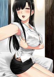 Rule 34 | 1girl, armpits, bed, black hair, black skirt, blush, breasts, character request, highres, large breasts, long hair, naye (xter), open mouth, pencil skirt, red eyes, shirt, skirt, solo, tongue, tongue out, white shirt, xter