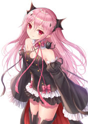 Rule 34 | 1girl, bare shoulders, black dress, black sleeves, black thighhighs, closed mouth, commentary request, criss-cross halter, detached sleeves, dress, fang, fang out, frilled sleeves, frills, hair between eyes, hair ornament, halterneck, highres, juliet sleeves, krul tepes, long hair, long sleeves, looking at viewer, owari no seraph, pink hair, pointy ears, puffy sleeves, red eyes, seungju lee, simple background, sleeveless, sleeveless dress, sleeves past fingers, sleeves past wrists, smile, solo, thighhighs, very long hair, white background, wide sleeves