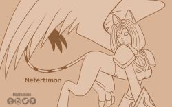 Rule 34 | armor, cat, cat tail, chest plate, claws, digimon, digimon (creature), digimon adventure 02, looking over shoulder, nefertimon, shoulder armor, tail, tan background, wings