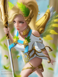 Rule 34 | 1girl, ancient greek clothes, blonde hair, blue eyes, breasts, chiton, cleavage, column, dress, eyelashes, greco-roman clothes, head wreath, high ponytail, highres, himation, holding, holding staff, laurel crown, lips, lolliedrop, mechanical wings, medium breasts, mercy (overwatch), nose, official alternate costume, overwatch, overwatch 1, parted lips, pelvic curtain, pillar, pink lips, short hair, short sleeves, solo, staff, standing, standing on one leg, toga, white dress, winged victory mercy, wings