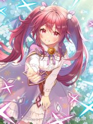 Rule 34 | 1girl, ahoge, blush, breasts, capelet, character request, dot nose, dress, floral background, flower, foreshortening, frilled dress, frills, grin, hair between eyes, long hair, long sleeves, looking at viewer, purple capelet, reaching, reaching towards viewer, red eyes, red hair, serino itsuki, small breasts, smile, solo, twintails, white dress, white flower, wings, z/x