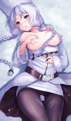 Rule 34 | 1girl, avrora (azur lane), azur lane, bare shoulders, belt, black ribbon, blue eyes, blush, braid, breasts, breasts out, cleavage, clothes pull, coat, collarbone, detached sleeves, fur-trimmed coat, fur-trimmed sleeves, fur trim, hair between eyes, hair over breasts, hair ribbon, hat, head tilt, high belt, highres, kelly 0w0, large breasts, long hair, long sleeves, lying, on back, open mouth, pantyhose, parted lips, ribbon, smile, snow, solo, star (symbol), sweat, torn clothes, torn pantyhose, twin braids, very long hair, white hat