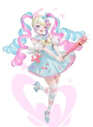 Rule 34 | 1girl, absurdres, blonde hair, blue eyes, blue footwear, blue hair, bow, chouzetsusaikawa tenshi-chan, dress, heart, high heels, highres, long hair, looking at viewer, multicolored hair, needy girl overdose, ohisashiburi, pink hair, smile, solo, spiked bat, standing, standing on one leg, thighhighs, twintails, wings, yellow bow
