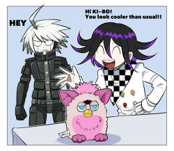 Rule 34 | 2boys, :d, ahoge, android, angry, blue background, border, checkered clothes, checkered scarf, clenched teeth, commentary request, danganronpa (series), danganronpa v3: killing harmony, frown, furby, furukawa (yomawari), grey hair, hand up, highres, jacket, k1-b0, long sleeves, male focus, multiple boys, open mouth, oma kokichi, pale skin, scarf, smile, standing, straitjacket, teeth, white border, white jacket, wide-eyed