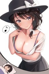 Rule 34 | 1girl, :3, arm under breasts, bare shoulders, black hat, black skirt, blanket, blush, bow, breasts, brown eyes, brown hair, cleavage, closed eyes, closed mouth, collarbone, dreaming, drooling, fedora, fumei (mugendai), hand up, hat, hat bow, highres, large breasts, long hair, looking at viewer, musical note, off shoulder, pillow, shirt, skirt, sleeping, smile, solo, spoken musical note, touhou, u u, usami renko, white bow, white shirt