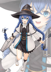 Rule 34 | 1girl, absurdres, black hat, blue eyes, blush, boots, braid, crossed bangs, dress, full body, hat, highres, holding, holding staff, holding suitcase, long hair, looking at viewer, mushoku tensei, nao suke, open mouth, roxy migurdia, smile, solo, staff, suitcase, teeth, twin braids, upper teeth only, very long hair, white dress, white footwear, witch hat, zoom layer