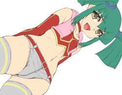 Rule 34 | 1girl, breasts, cameltoe, cleft of venus, green hair, hajime shindo, leggings, luca (yu-gi-oh!), midriff, nipple erection, nipples, nipples visible through clothes, pig tail, red top, shorts, small breasts, smile, tail, thick thighs, thighs, yu-gi-oh!, yu-gi-oh! 5d&#039;s