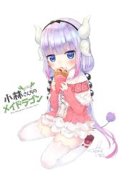 Rule 34 | 10s, 1girl, artist name, black ribbon, blue hair, blunt bangs, blush, capelet, copyright name, cream, cream on face, dated, dragon horns, eating, food, food on face, full body, fushimi sameta, gradient hair, hair ribbon, highres, horns, kanna kamui, kobayashi-san chi no maidragon, long hair, looking at viewer, low twintails, multicolored hair, open mouth, purple hair, red footwear, ribbon, shoes, signature, silver hair, simple background, sitting, skirt, solo, spread legs, thighhighs, twintails, very long hair, wariza, white background, white skirt