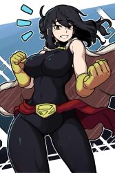 Rule 34 | 1girl, :d, belt, black bodysuit, black eyes, black hair, bodysuit, boku no hero academia, breasts, cape, clenched hands, gloves, highres, large breasts, long hair, looking at viewer, masgamjya, mole, mole under mouth, muscular, muscular female, open mouth, shimura nana, sleeveless, sleeveless bodysuit, smile, solo, standing, superhero costume, teeth, white cape, yellow gloves