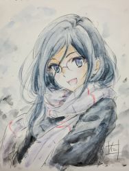 Rule 34 | 10s, 1girl, :d, bad id, bad pixiv id, black hair, blue eyes, coat, glasses, hair between eyes, hibike! euphonium, highres, long hair, looking at viewer, nii manabu, open mouth, scarf, signature, smile, snowing, solo, tanaka asuka, traditional media, upper body, watercolor pencil (medium), white background, winter clothes, winter coat