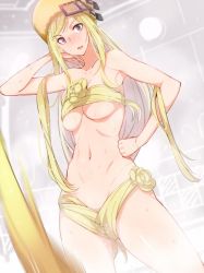 Rule 34 | 1girl, amami amayu, blonde hair, blush, breasts, guilty gear, guilty gear xrd, hair over breasts, hand on own hip, hat, large breasts, long hair, millia rage, solo, stomach, sweatdrop, very long hair