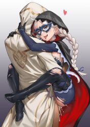 Rule 34 | 1boy, 1girl, absurdres, ahoge, black footwear, black gloves, blue eyes, blue ribbon, bodysuit, boots, braid, breasts, cape, cloak, clothed sex, commission, commissioner upload, couple, crystal earrings, cum, earrings, eye mask, feathers, fire emblem, fire emblem fates, fire emblem heroes, gloves, hair ribbon, happy sex, heart, heart-shaped pupils, hetero, high heel boots, high heels, highres, hood, hood up, hooded cape, hooded cloak, jewelry, kiran (fire emblem), kiran (male) (fire emblem), long hair, low twin braids, medium breasts, nina (fire emblem), nina (thief) (fire emblem), nintendo, non-web source, official alternate costume, open mouth, parted bangs, ribbon, saliva, sex, symbol-shaped pupils, teeth, thigh boots, tongue, tongue out, torn bodysuit, torn clothes, turtleneck, twin braids, two-tone cape, upper teeth only, zero a