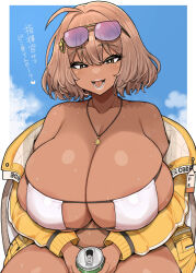 Rule 34 | 1girl, ahoge, anis (nikke), anis (sparkling summer) (nikke), bare shoulders, bikini, blue sky, blush, breasts, brown eyes, brown hair, can, chair, cleavage, collarbone, eyewear on head, goddess of victory: nikke, gyaru, hair ornament, holding, holding can, jacket, jewelry, kogal, large breasts, lips, long sleeves, looking at viewer, navel, necklace, off shoulder, open clothes, open jacket, otogi tetsurou, short hair, sitting, skindentation, sky, solo, sunglasses, sweat, swimsuit, tan, translated, white bikini, yellow jacket