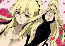 Rule 34 | 1girl, aoi cassandra, black dress, blonde hair, breasts, cleavage, curvy, dress, female focus, flower, freezing (series), highres, jewelry, large breasts, long hair, necklace, solo, standing, very long hair, yellow eyes