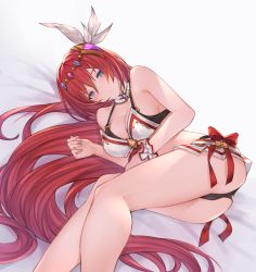Rule 34 | 1girl, absurdres, alexiel (summer) (granblue fantasy), ass, bare shoulders, bed, bikini, blue eyes, blush, breasts, cleavage, detached collar, feather hair ornament, feathers, feet out of frame, godsworn alexiel, granblue fantasy, hair ornament, halterneck, highres, looking at viewer, lying, medium breasts, miniskirt, o-ring, o-ring bikini, on side, parted lips, red hair, scrunchie, skirt, solo, swimsuit, white skirt, wrist scrunchie, wuming