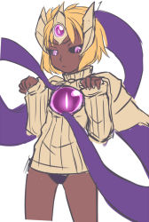 Rule 34 | 1girl, :&lt;, black sclera, blonde hair, cleavage cutout, clothing cutout, colored sclera, dark-skinned female, dark skin, genderswap, genderswap (mtf), head tail, league of legends, meme attire, nam (valckiry), open-chest sweater, personification, purple eyes, ribbed sweater, short hair, simple background, solo, sweater, tentacles, vel&#039;koz, white background