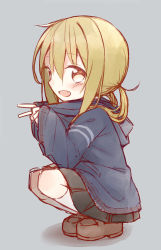 Rule 34 | 1girl, :d, ayanepuna, black skirt, blue jacket, blush, brown eyes, brown footwear, brown hair, fang, full body, grey background, hair between eyes, highres, hood, hood down, hooded jacket, jacket, kantai collection, kneehighs, loafers, long hair, low twintails, open mouth, pleated skirt, satsuki (kancolle), shoes, simple background, skirt, smile, socks, solo, squatting, twintails, v, white socks