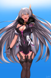 Rule 34 | 1girl, 1nilla&#039;, :d, absurdres, asymmetrical gloves, black footwear, black gloves, blue sky, boots, breasts, cleavage, dress, gloves, grey hair, hair ornament, highres, honkai (series), honkai impact 3rd, kiana kaslana, kiana kaslana (herrscher of the void), large breasts, long hair, looking at viewer, mismatched gloves, open mouth, outdoors, sky, smile, solo, thigh boots, thighhighs, white dress, white gloves, yellow eyes