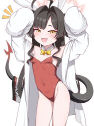 Rule 34 | 1girl, adapted costume, ahoge, animal ears, arms up, bare shoulders, black hair, blackness (blackness661), blue archive, blush, bow, bowtie, breasts, coat, commentary, contrapposto, covered navel, cowboy shot, detached collar, fake animal ears, fang, hair intakes, highleg, highleg leotard, highres, huge ahoge, kasumi (blue archive), lab coat, leotard, long hair, notice lines, open mouth, playboy bunny, rabbit ears, rabbit pose, red leotard, simple background, sleeves past fingers, sleeves past wrists, small breasts, smile, solo, strapless, strapless leotard, tail, white background, white coat, yellow bow, yellow bowtie, yellow eyes