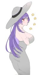 Rule 34 | 1girl, ass, bare back, bare shoulders, breasts, crossed arms, dress, girls&#039; frontline, grey dress, hat, highres, light smile, long hair, looking at viewer, no bra, purple hair, red eyes, sideways, simple background, star (symbol), tight clothes, tight dress, white background, yongsadragon, zb-26 (girls&#039; frontline)