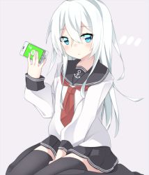 Rule 34 | 10s, 1girl, bad id, bad pixiv id, black skirt, black thighhighs, blue eyes, cellphone, grey background, hair between eyes, hibiki (kancolle), holding, holding phone, kantai collection, line (naver), long hair, long sleeves, neckerchief, phone, pleated skirt, rateratte, red neckerchief, sailor collar, school uniform, serafuku, silver hair, sitting, skirt, smartphone, solo, thighhighs, wariza