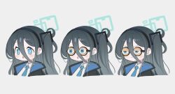 Rule 34 | 1girl, aris (blue archive), atat250, black coat, black hair, black hairband, blue archive, blush, closed mouth, coat, cropped torso, groucho glasses, glasses, googly eyes, grey background, hair between eyes, hairband, halo, highres, long hair, multiple views, necktie, one side up, open clothes, open coat, open mouth, shirt, simple background, upper body, very long hair, white shirt