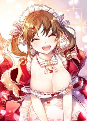 Rule 34 | 1girl, :d, apron, breasts, brown hair, cleavage, collarbone, dress, closed eyes, hair ornament, heart, idolmaster, idolmaster cinderella girls, idolmaster cinderella girls starlight stage, iso1206, jewelry, large breasts, maid apron, maid headdress, neck ribbon, open mouth, puffy short sleeves, puffy sleeves, ribbon, short sleeves, smile, solo, sparkle, totoki airi, twintails