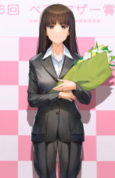 Rule 34 | 1girl, a1 (initial-g), black jacket, black pants, blunt bangs, bouquet, brown eyes, brown hair, collared shirt, commentary request, cowboy shot, dress shirt, flower, formal, girls und panzer, highres, holding, holding bouquet, jacket, jewelry, long hair, long sleeves, mature female, nervous, nishizumi shiho, pant suit, pants, ring, shirt, skirt, solo, straight hair, suit, suit jacket, sweatdrop, wedding ring, white skirt, wing collar