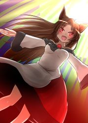 Rule 34 | 1girl, animal ears, bamboo, bamboo forest, breasts, brooch, brown hair, dress, fang, forest, highres, imaizumi kagerou, jewelry, long sleeves, nature, off shoulder, open mouth, oshiaki, red eyes, solo, touhou, wide sleeves, wolf ears