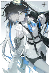 Rule 34 | 1girl, absurdres, arm belt, armor, ashukapeka, asymmetrical clothes, asymmetrical hair, belt, bike shorts, black hair, black jacket, black shorts, blue hair, blue ribbon, blue socks, border, brooch, collared shirt, commentary, dress shirt, flat chest, flipped hair, gradient background, grey background, grey hair, hair flowing over, hair ornament, hair over one eye, hand up, highres, jacket, jewelry, long hair, long sleeves, looking to the side, multicolored hair, neck ribbon, no headwear, one eye covered, original, outside border, pale skin, ribbon, shirt, shoes, short hair with long locks, shorts, sleeves past wrists, socks, solo, standing, standing on one leg, suspenders, swept bangs, two side up, untucked shirt, very long hair, white background, white border, white jacket, white shirt, yellow eyes